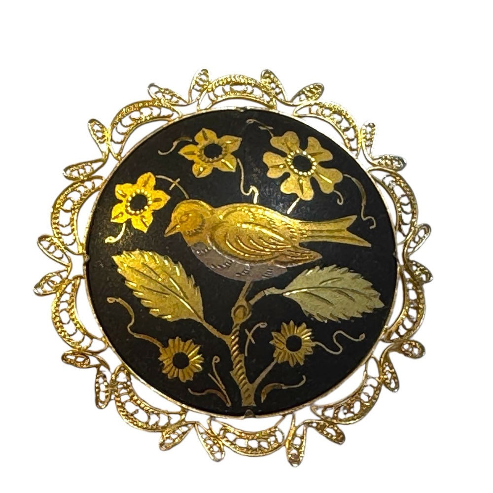Vintage Spanish Damascene Gold plated Black Toledo Brooch